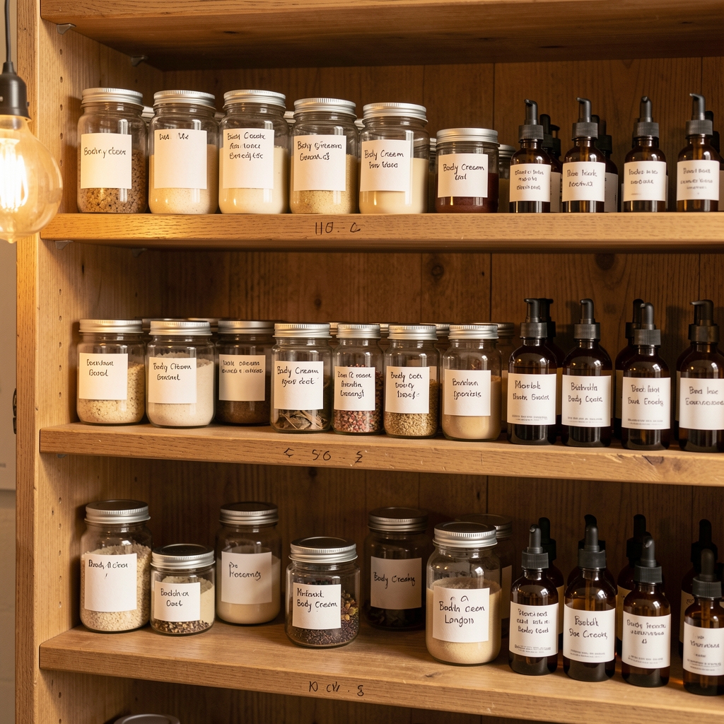 Minimalist London studio interior with wooden shelves holding glass jars of body cream and amber vitamin bottles, warm side lighting on dark background