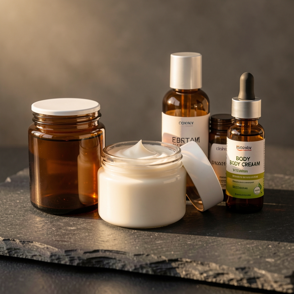 Amber glass jars of body cream and vitamin bottles arranged on a dark stone surface with warm morning light, editorial still life