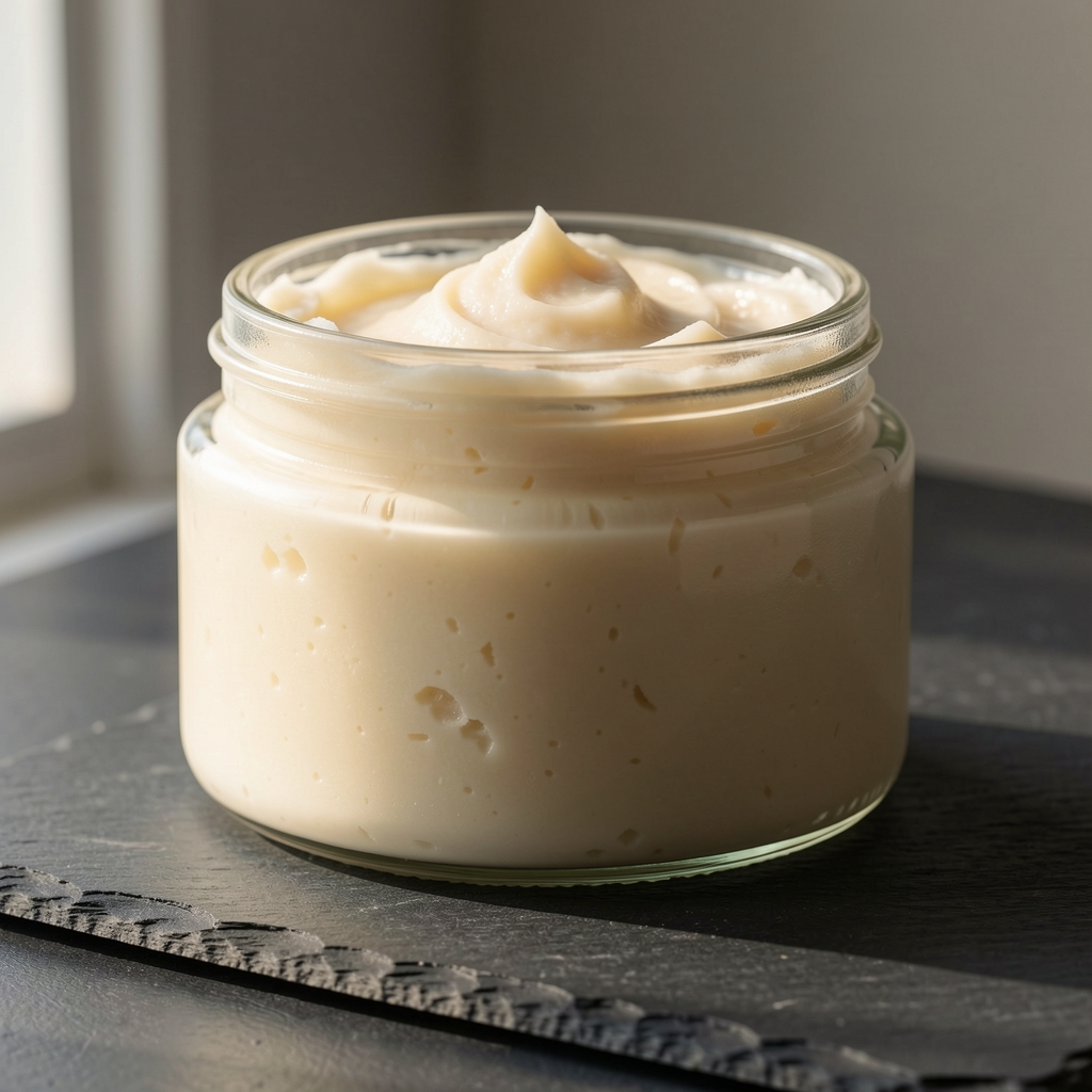 Oversized glass jar of rich ivory body butter with visible shea texture, placed on a dark slate surface with natural morning sidelight