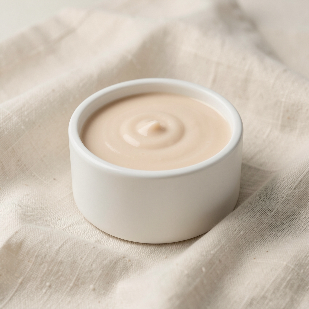 Flat white ceramic pot of pale beige body lotion on a textured cream linen cloth, editorial product still life with soft diffused light