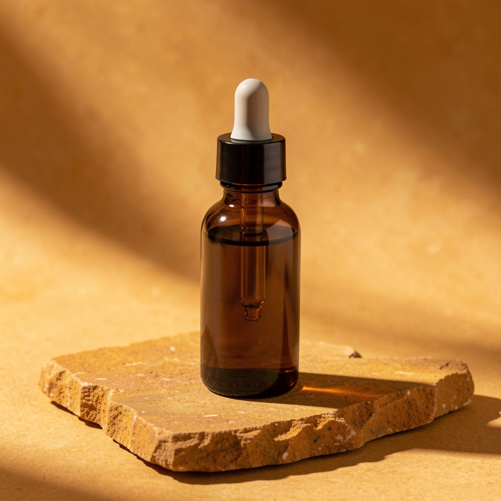 Deep bronze body oil in a dropper bottle resting on warm ochre stone surface, studio photography with raking natural light