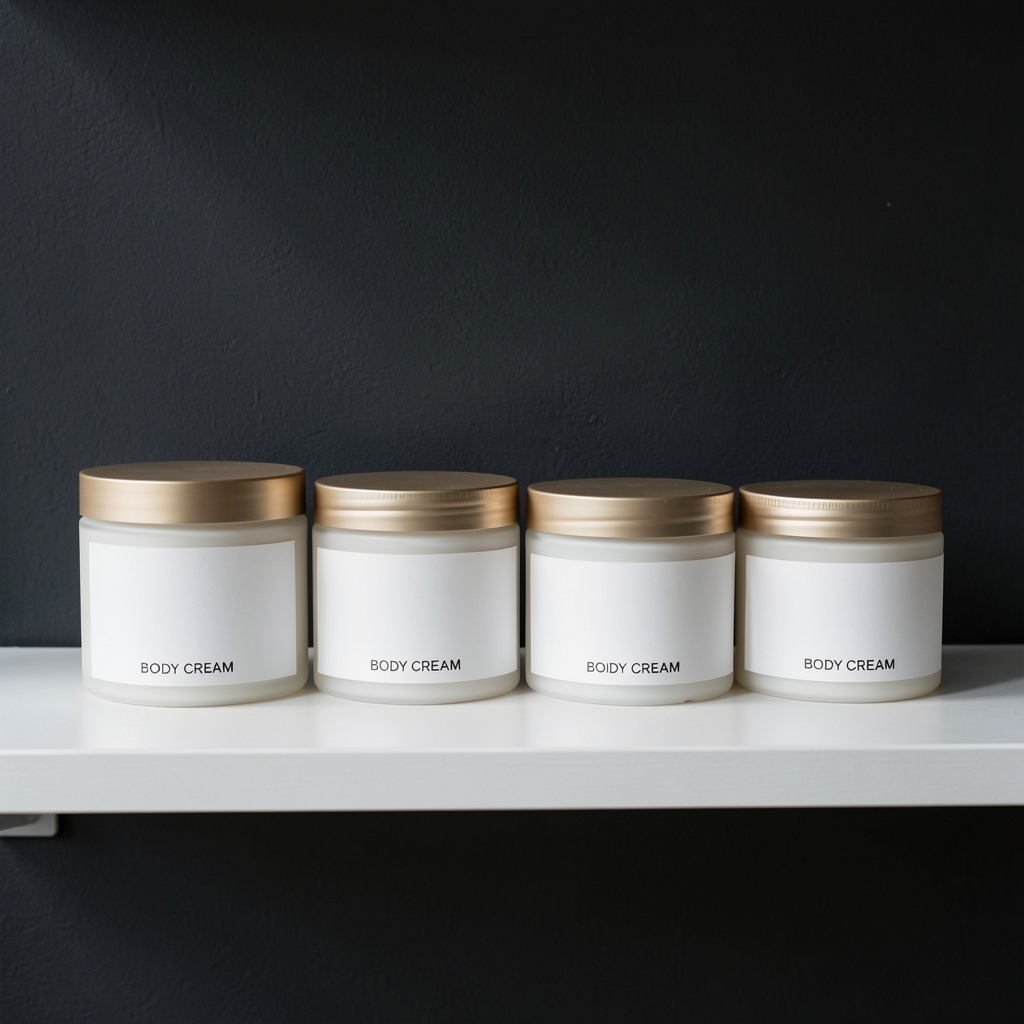 Four differently sized body cream jars lined in a row on a white shelf against a dark wall, all with matte labels, still life catalogue photography