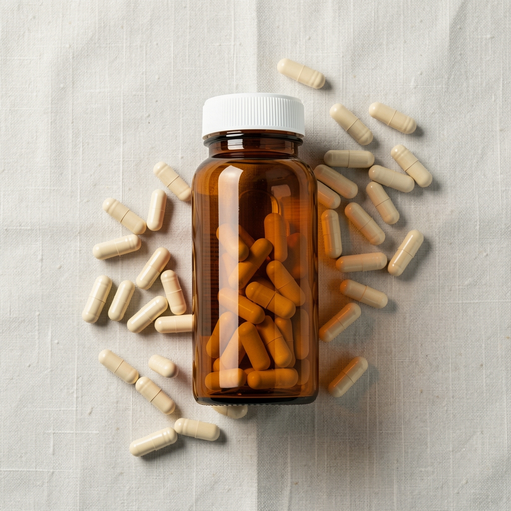 Tall amber glass vitamin bottle with white cap, surrounded by loose capsules on a pale linen surface, clean overhead editorial