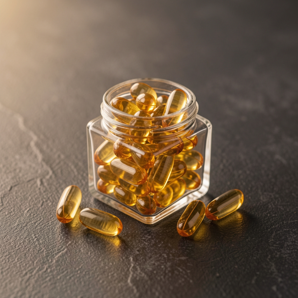 Square glass supplement container with loose omega-3 golden capsules on a dark textured surface, warm editorial product photograph